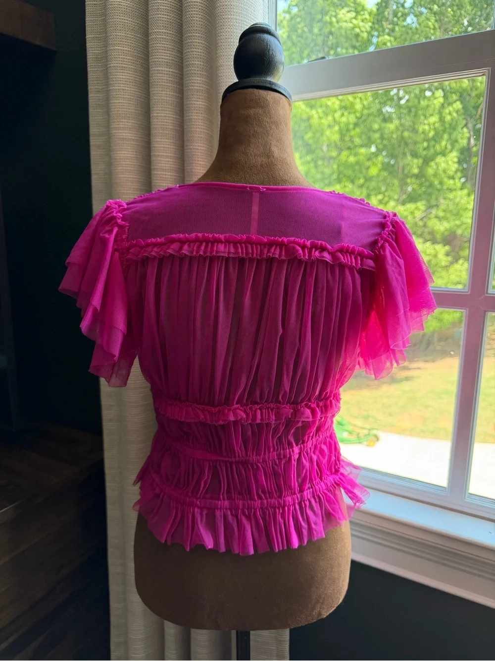 Free People Hot Pink Mesh Ruched Crop Top — Size S - Picture 2 of 3
